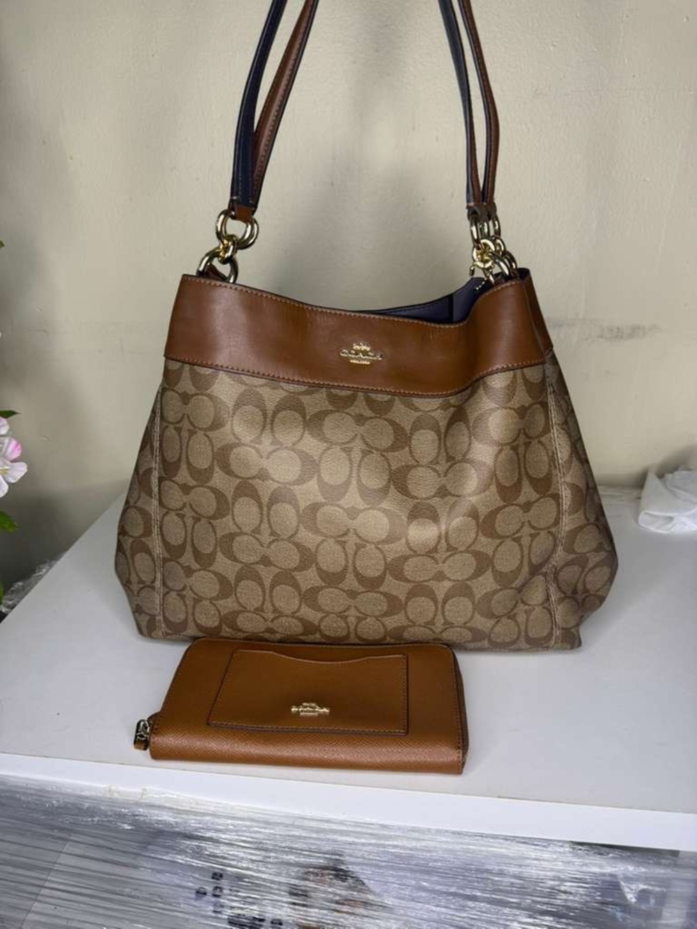Coach Brown Signature Canvas Shoulder Bag with Tan Leather Trim and Wallet